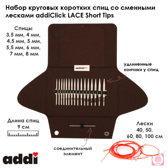 Набор круговых коротких спиц со сменными лесками addiClick LACE Short Tips, арт.750-2/000