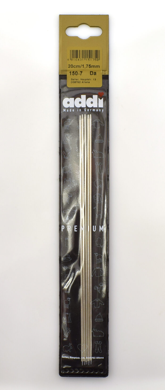 Спицы для вязания Addi чулочные стальные, 1,75 мм, 20 см 5 шт, арт.150-7/1.75-20