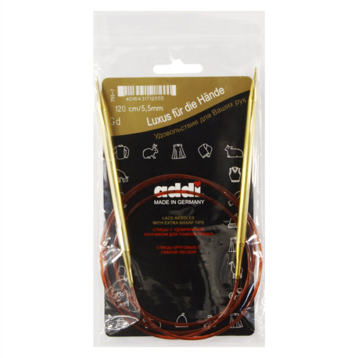 Спицы для вязания Addi круговые позолоченные с удлиненным кончиком, 5,5 мм, 120 см, арт.755-7/5.5-120